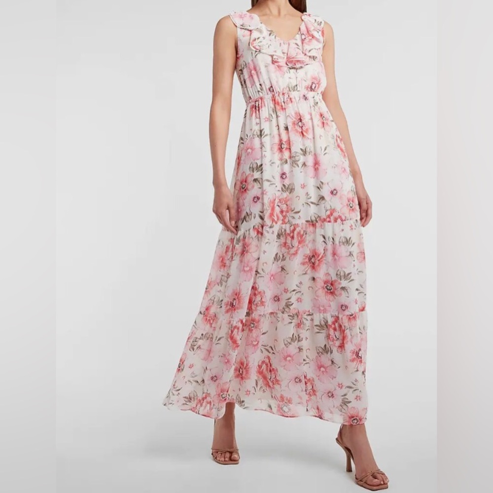 Express Pink Floral Sleeveless Ruffled Tiered Cut Out Maxi Dress Womens Sz XS